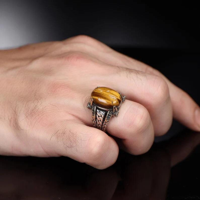 RARE PRINCE by CARAT SUTRA | Unique Designed Turkish Style Ring with Natural Tiger Eye | 925 Sterling Silver Oxidized Ring | Men's Jewelry | With Certificate of Authenticity and 925 Hallmark - Image 2
