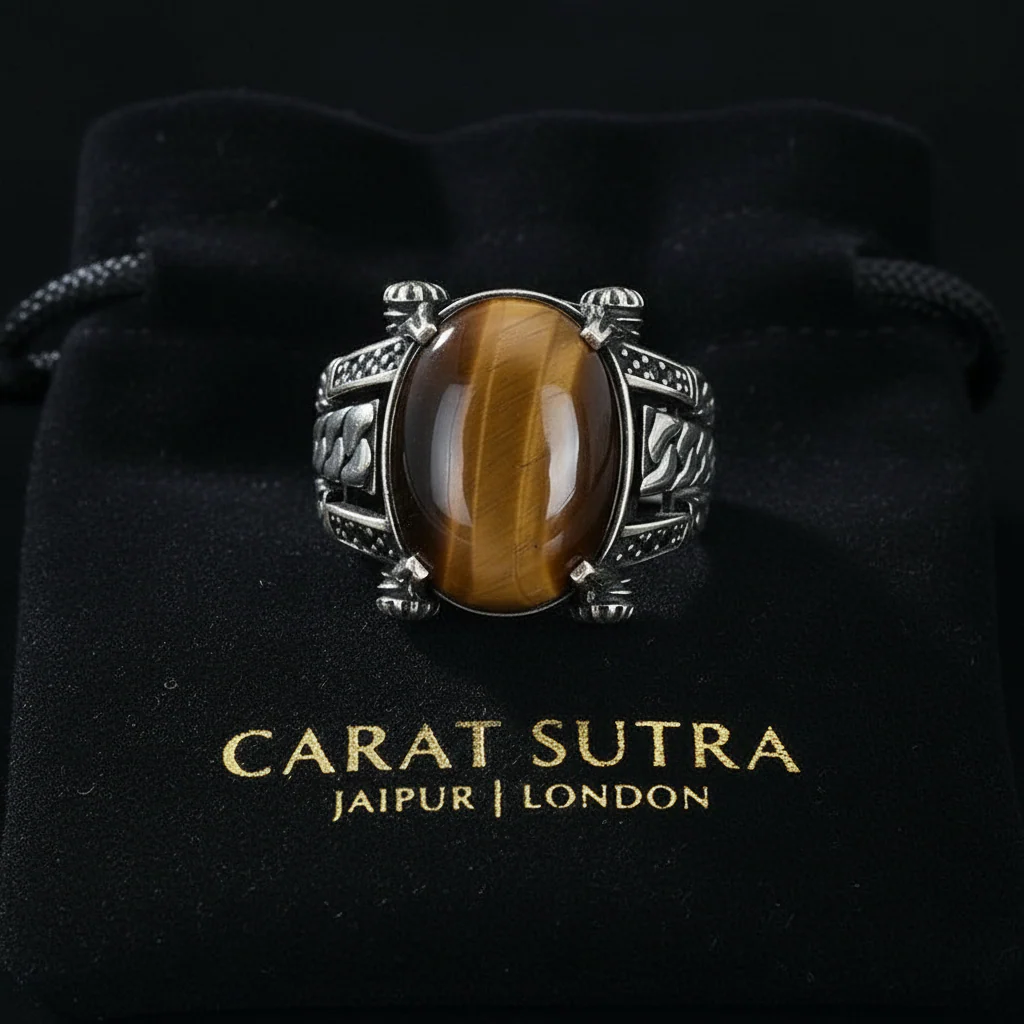 RARE PRINCE by CARAT SUTRA | Unique Designed Turkish Style Ring with Natural Tiger Eye | 925 Sterling Silver Oxidized Ring | Men's Jewelry | With Certificate of Authenticity and 925 Hallmark - Image 3