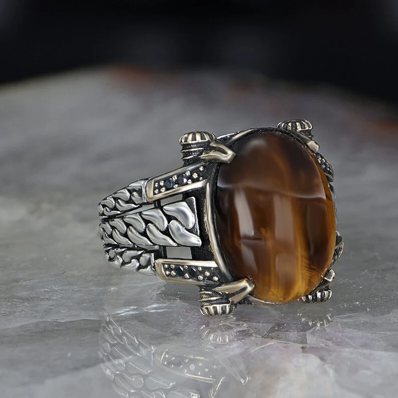 RARE PRINCE by CARAT SUTRA | Unique Designed Turkish Style Ring with Natural Tiger Eye | 925 Sterling Silver Oxidized Ring | Men's Jewelry | With Certificate of Authenticity and 925 Hallmark - Image 4