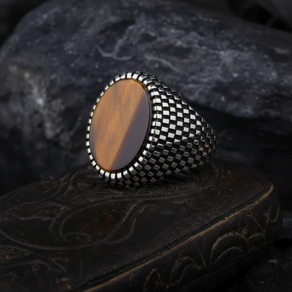 RARE PRINCE by CARAT SUTRA | Unique Designed Turkish Style Ring with Natural Tiger Eye | 925 Sterling Silver Oxidized Ring | Men's Jewelry | With Certificate of Authenticity and 925 Hallmark