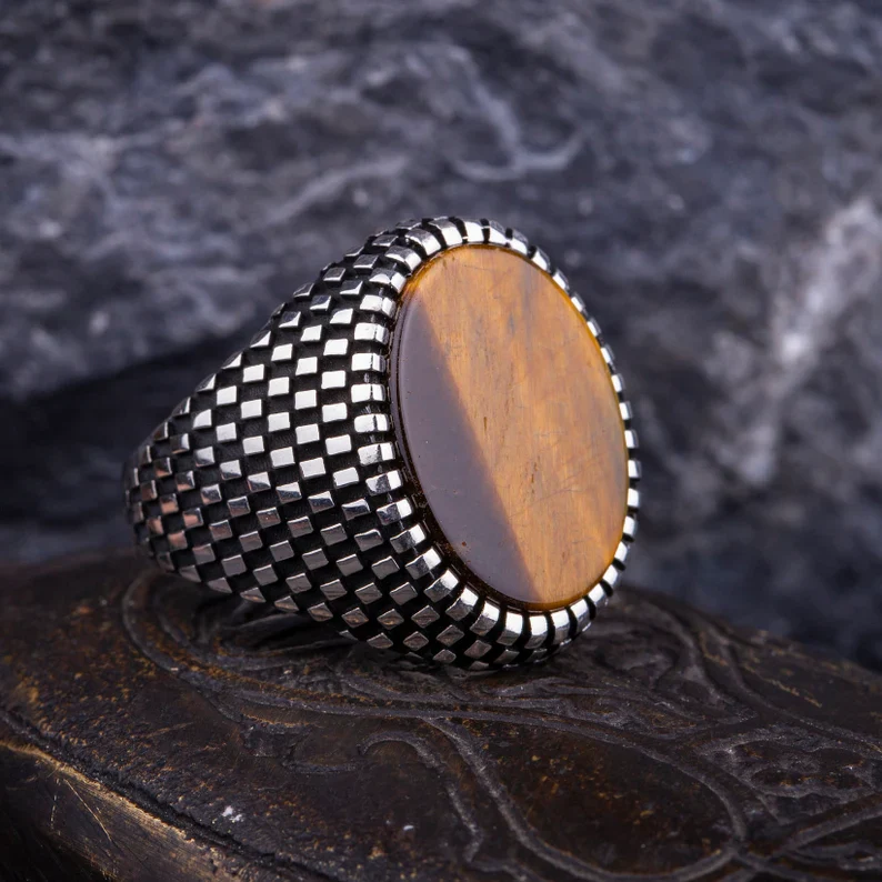 RARE PRINCE by CARAT SUTRA | Unique Designed Turkish Style Ring with Natural Tiger Eye | 925 Sterling Silver Oxidized Ring | Men's Jewelry | With Certificate of Authenticity and 925 Hallmark - Image 3