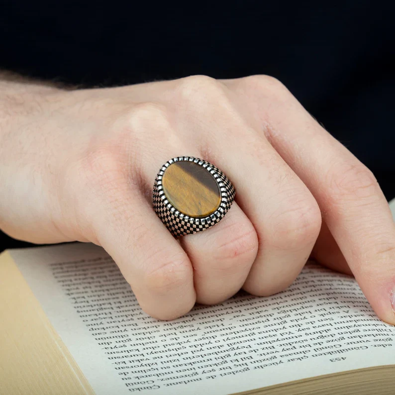 RARE PRINCE by CARAT SUTRA | Unique Designed Turkish Style Ring with Natural Tiger Eye | 925 Sterling Silver Oxidized Ring | Men's Jewelry | With Certificate of Authenticity and 925 Hallmark - Image 7