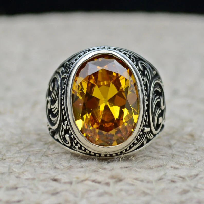 RARE PRINCE by CARAT SUTRA | Unique Designed Turkish Style Ring with Natural Yellow Citrine , 925 Sterling Silver Oxidized Ring | Men's Jewelry | With Certificate of Authenticity and 925 Hallmark - Image 3