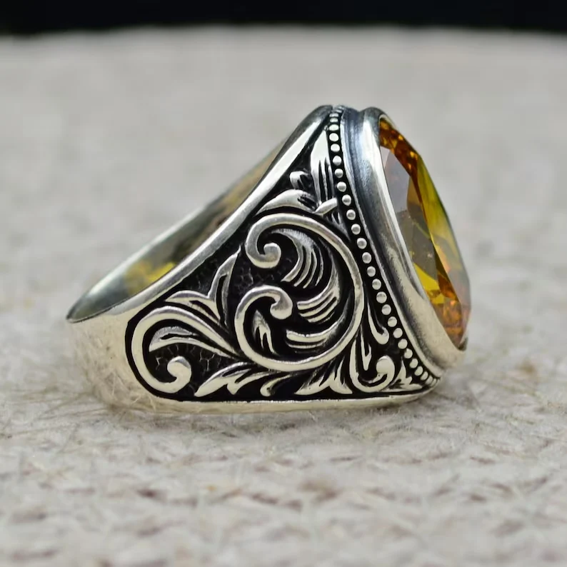 RARE PRINCE by CARAT SUTRA | Unique Designed Turkish Style Ring with Natural Yellow Citrine , 925 Sterling Silver Oxidized Ring | Men's Jewelry | With Certificate of Authenticity and 925 Hallmark - Image 4