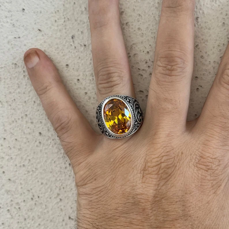 RARE PRINCE by CARAT SUTRA | Unique Designed Turkish Style Ring with Natural Yellow Citrine , 925 Sterling Silver Oxidized Ring | Men's Jewelry | With Certificate of Authenticity and 925 Hallmark - Image 5