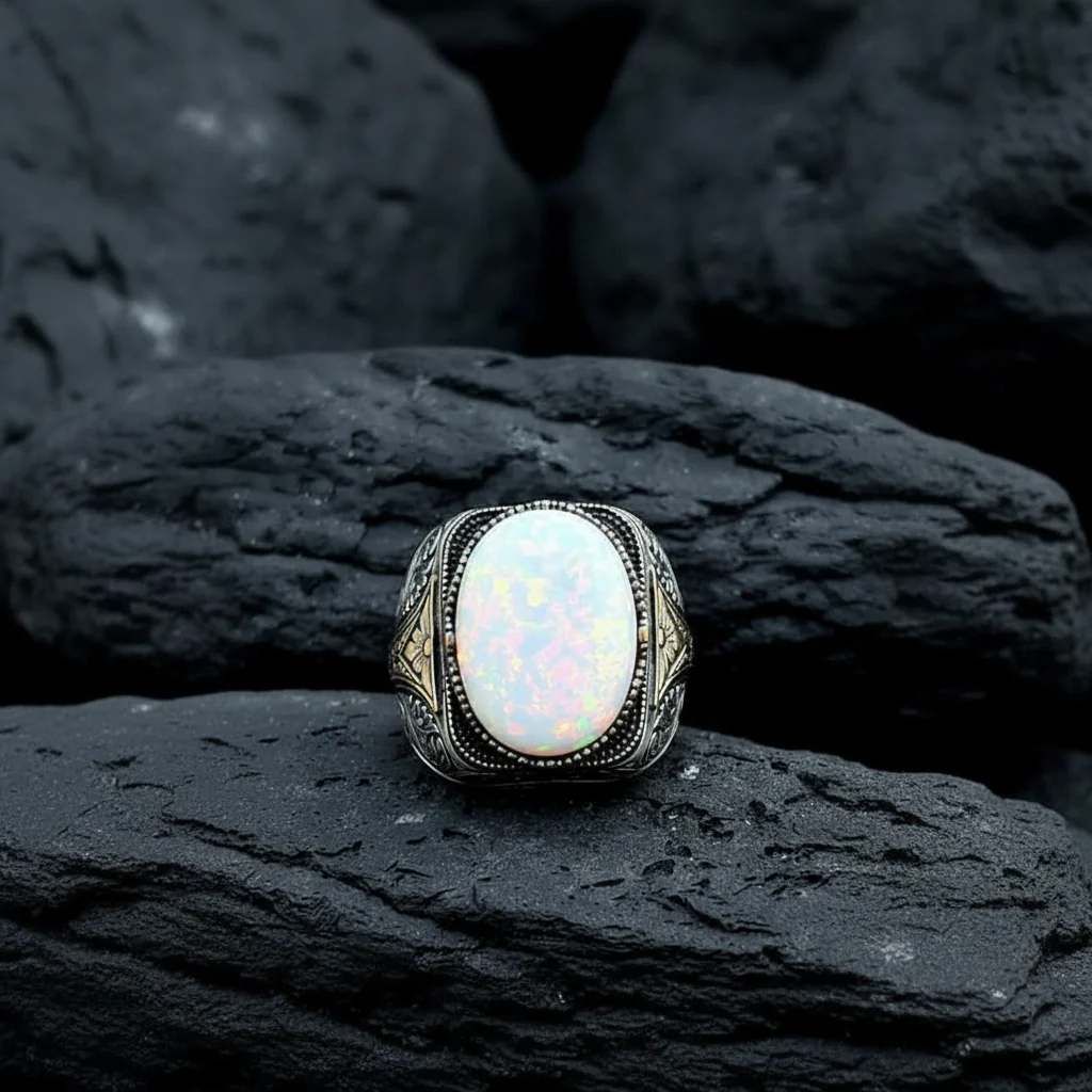 Unique Designed Turkish Style Ring with14ct Fire Australian Opal | 925 Sterling Silver Oxidized Ring | With Certificate of Authenticity and 925 Hallmark