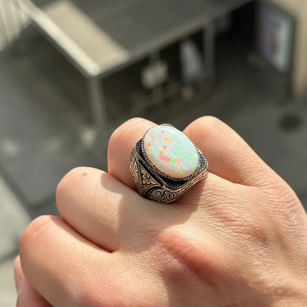 Unique Designed Turkish Style Ring with14ct Fire Australian Opal | 925 Sterling Silver Oxidized Ring | With Certificate of Authenticity and 925 Hallmark - Image 2