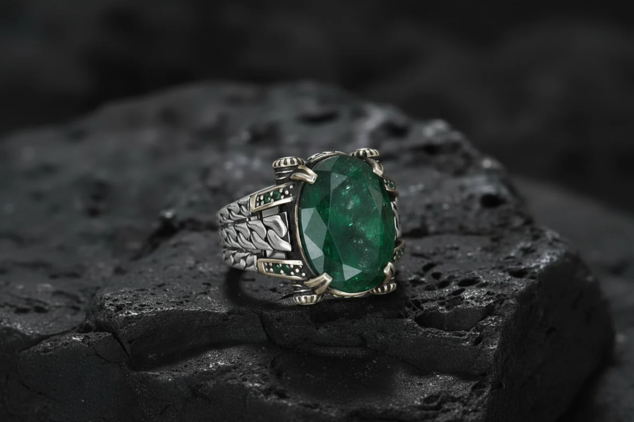 RARE PRINCE by CARAT SUTRA | Unique Designed Turkish Style Ring with Natural Emerald | 925 Sterling Silver Oxidized Ring | Men's Jewelry | With Certificate of Authenticity and 925 Hallmark