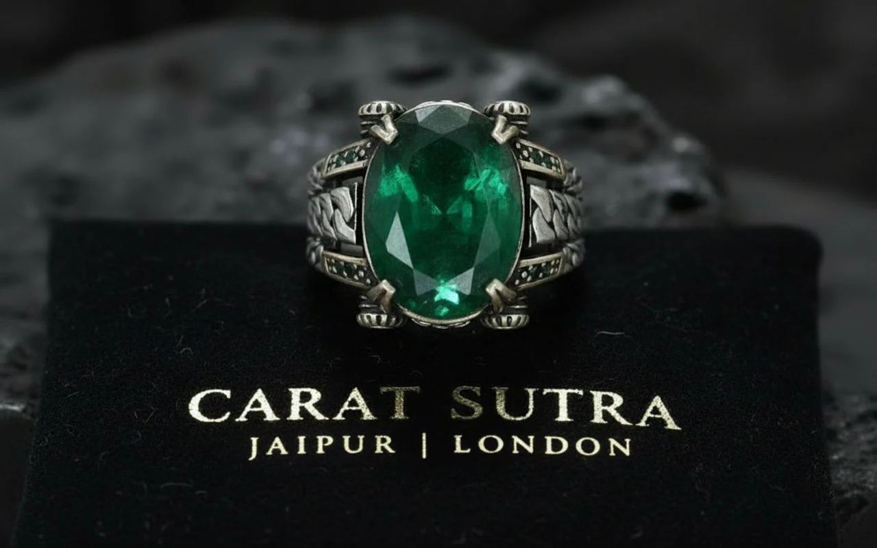 RARE PRINCE by CARAT SUTRA | Unique Designed Turkish Style Ring with Natural Emerald | 925 Sterling Silver Oxidized Ring | Men's Jewelry | With Certificate of Authenticity and 925 Hallmark - Image 2