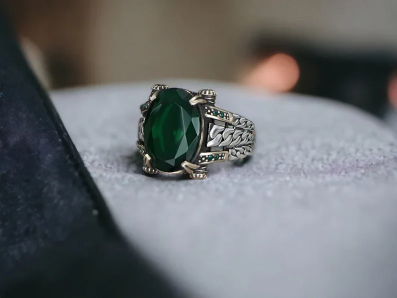 RARE PRINCE by CARAT SUTRA | Unique Designed Turkish Style Ring with Natural Emerald | 925 Sterling Silver Oxidized Ring | Men's Jewelry | With Certificate of Authenticity and 925 Hallmark - Image 3