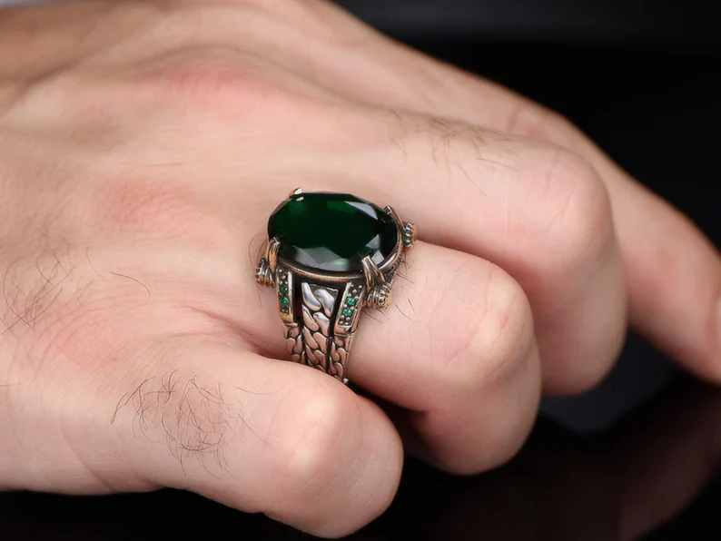 RARE PRINCE by CARAT SUTRA | Unique Designed Turkish Style Ring with Natural Emerald | 925 Sterling Silver Oxidized Ring | Men's Jewelry | With Certificate of Authenticity and 925 Hallmark - Image 4