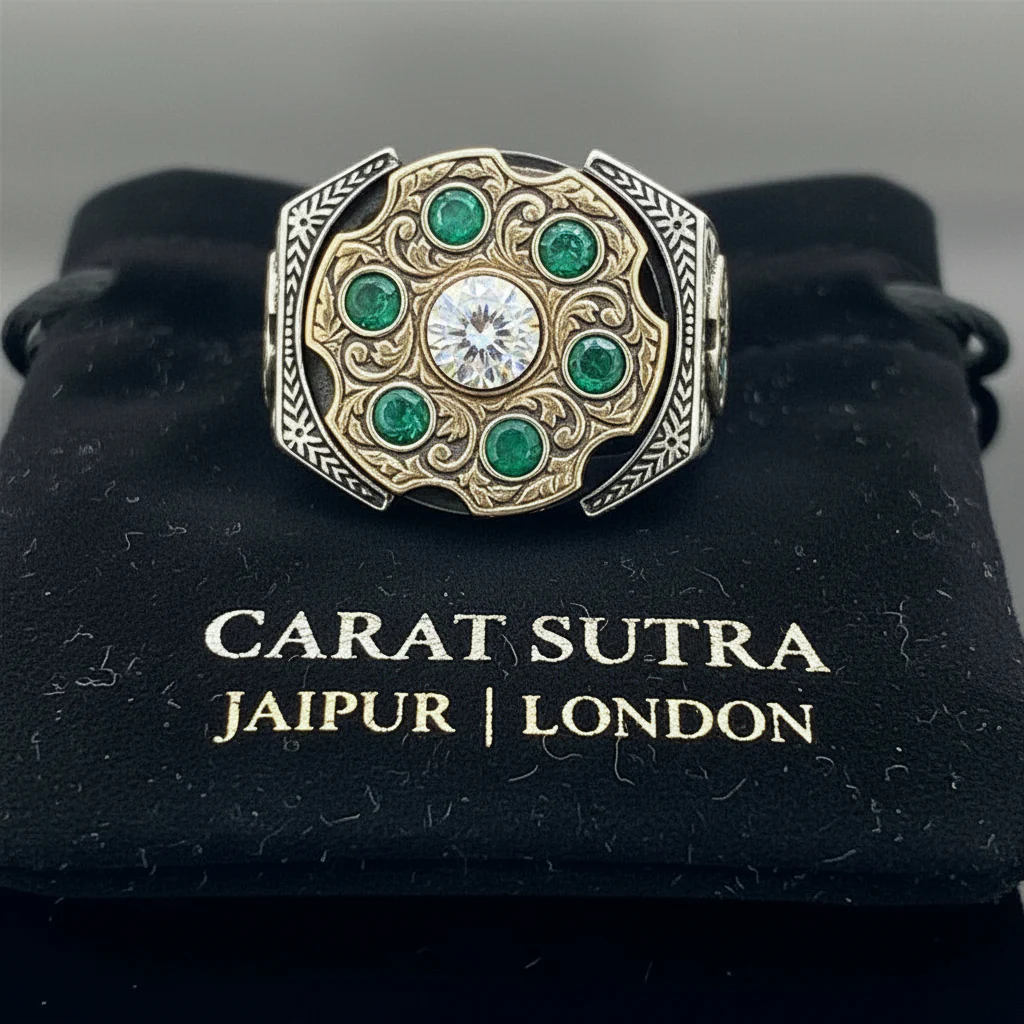 RARE PRINCE by CARAT SUTRA | Unique Designed Turkish Style Ring with 6 Stone Emerald Ring | 925 Sterling Silver Oxidized Ring | Men's Jewelry | With Certificate of Authenticity and 925 Hallmark - Image 3