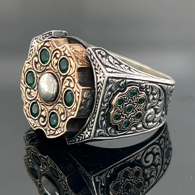 RARE PRINCE by CARAT SUTRA | Unique Designed Turkish Style Ring with 6 Stone Emerald Ring | 925 Sterling Silver Oxidized Ring | Men's Jewelry | With Certificate of Authenticity and 925 Hallmark - Image 4