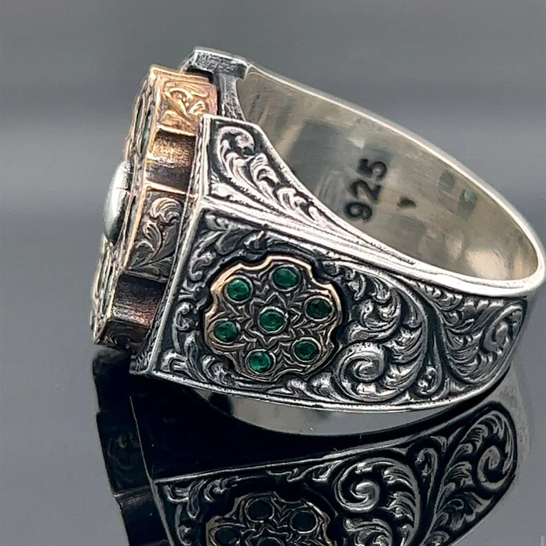 RARE PRINCE by CARAT SUTRA | Unique Designed Turkish Style Ring with 6 Stone Emerald Ring | 925 Sterling Silver Oxidized Ring | Men's Jewelry | With Certificate of Authenticity and 925 Hallmark - Image 5
