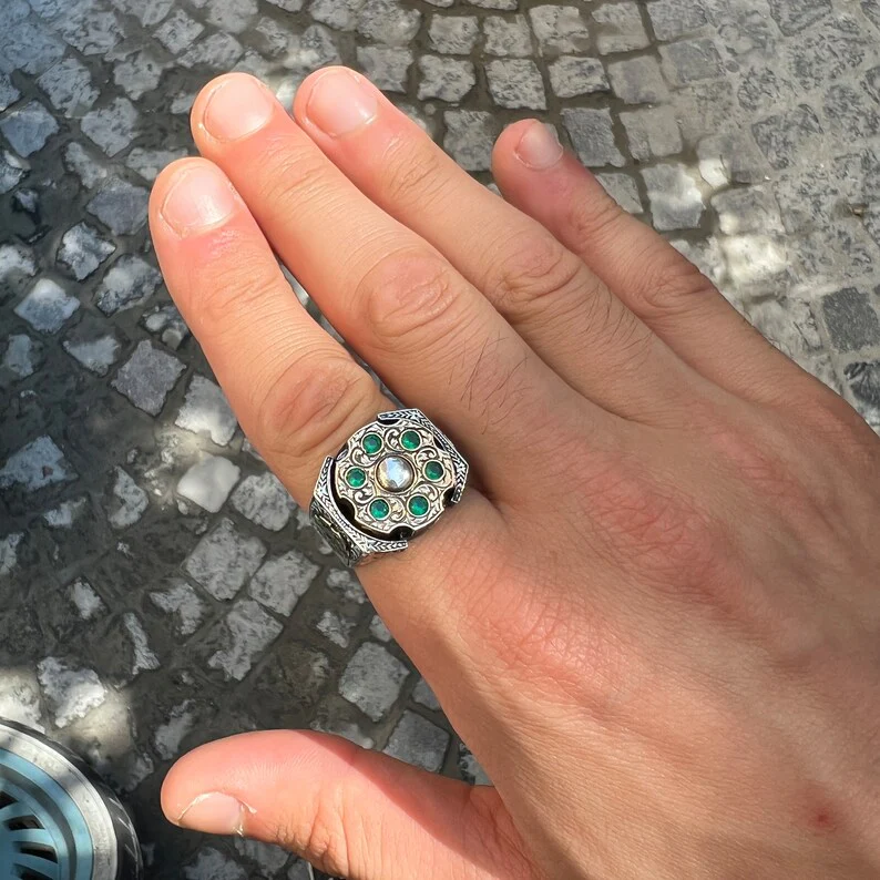RARE PRINCE by CARAT SUTRA | Unique Designed Turkish Style Ring with 6 Stone Emerald Ring | 925 Sterling Silver Oxidized Ring | Men's Jewelry | With Certificate of Authenticity and 925 Hallmark - Image 6