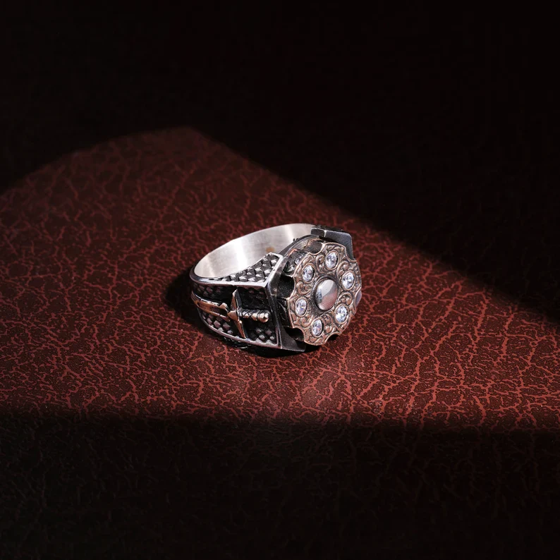 RARE PRINCE by CARAT SUTRA | Unique Designed Turkish Style Ring with 6 Stone White Zirconia | 925 Sterling Silver Oxidized Ring | Men's Jewelry | With Certificate of Authenticity and 925 Hallmark - Image 3