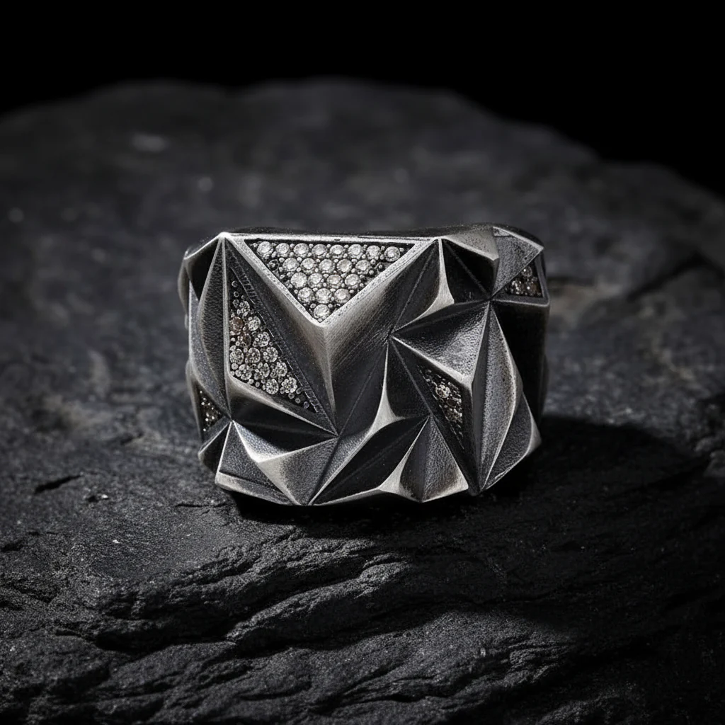 Matt Finish Unique Designed Zigzag Style Turkish Style Ring with White Zirconia | 925 Sterling Silver Oxidized Ring | Men's Jewelry | With Certificate of Authenticity and 925 Hallmark