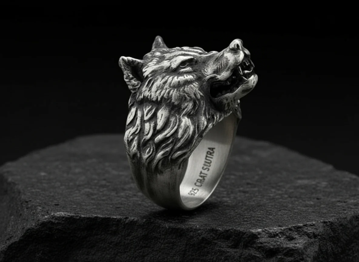RARE PRINCE by CARAT SUTRA | Unique Designed Wolf Face Ring | 925 Sterling Silver Oxidized Ring | Men's Jewelry | With Certificate of Authenticity and 925 Hallmark