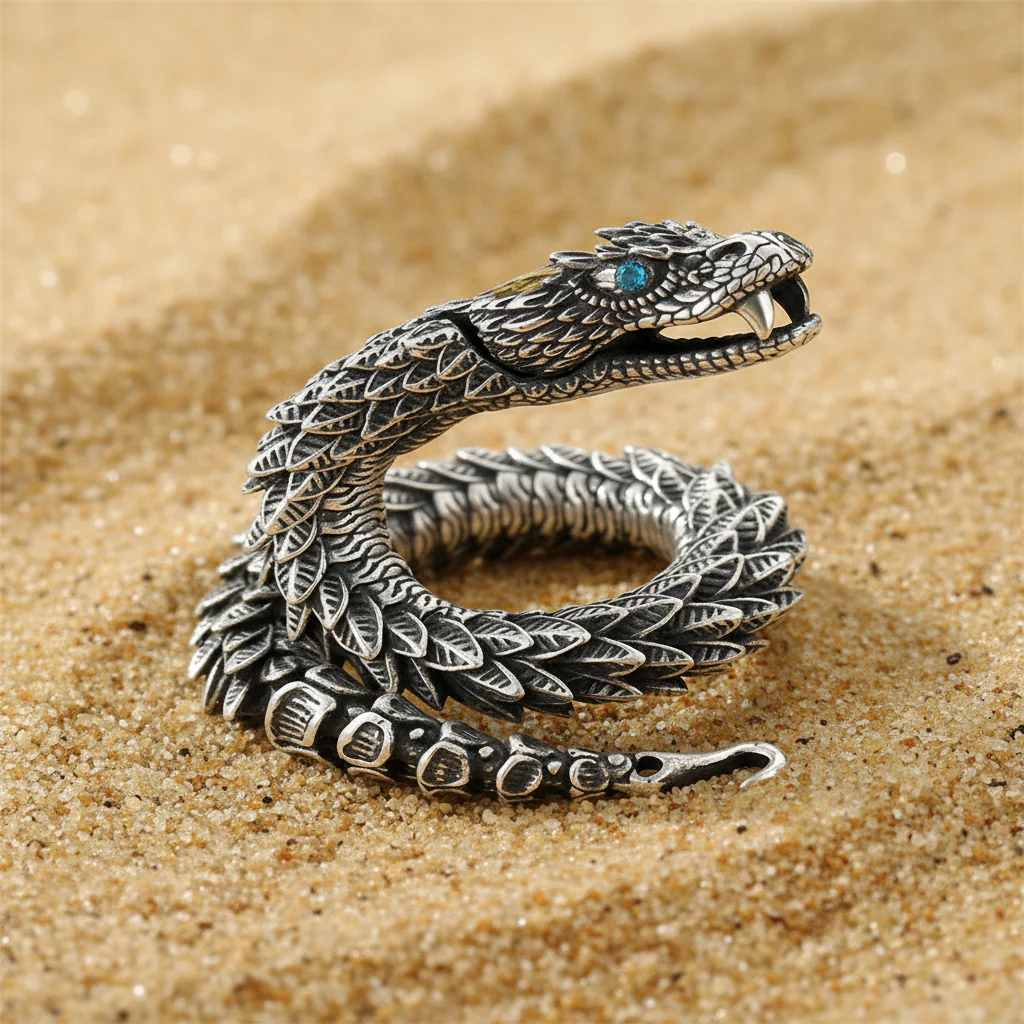 Unique Golden Head Oxidized Snake Bracelet with Blue Eyes | 925 Sterling Silver Oxidized Bracelet | Unisex Jewelry | With Certificate of Authenticity and 925 Hallmark