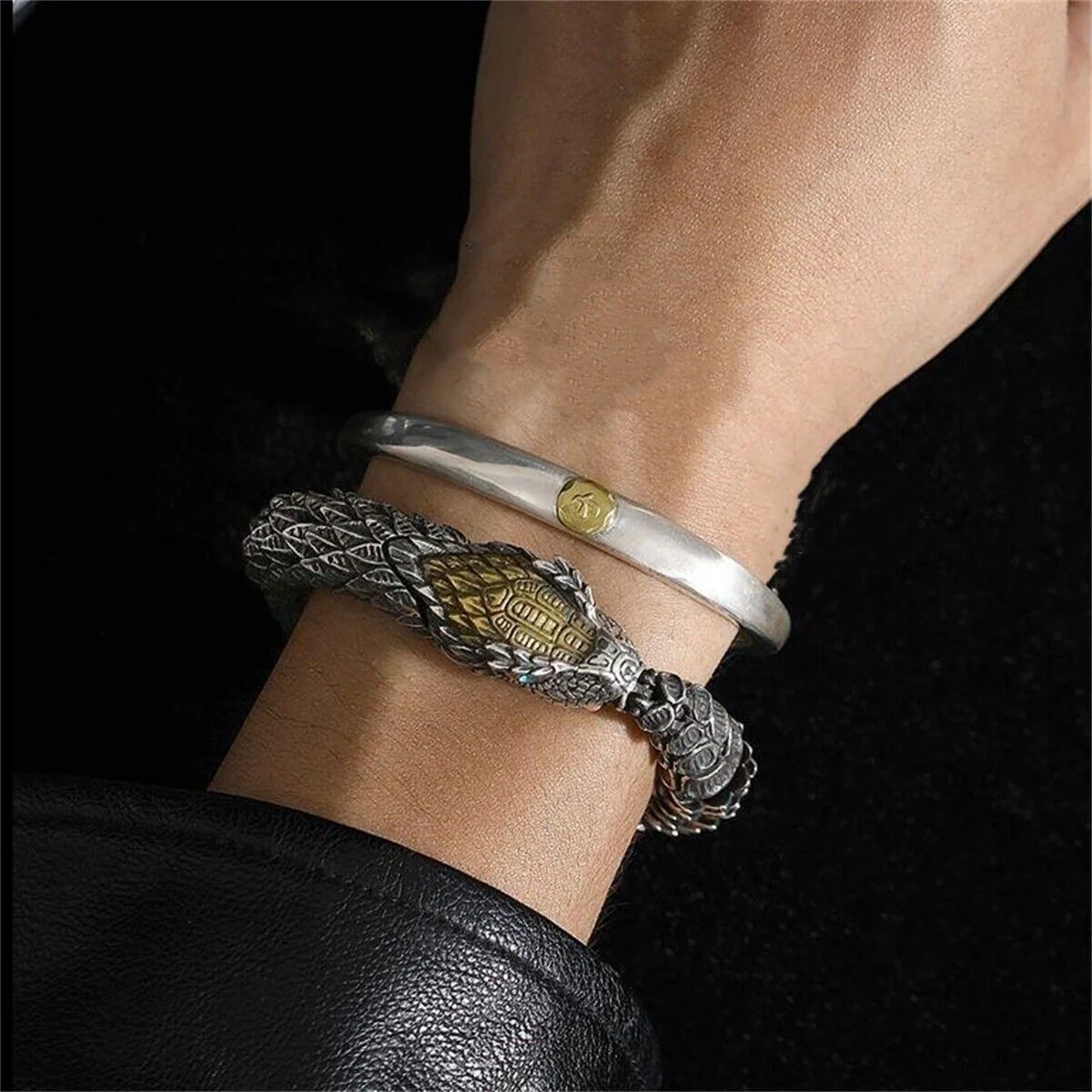 Unique Golden Head Oxidized Snake Bracelet with Blue Eyes | 925 Sterling Silver Oxidized Bracelet | Unisex Jewelry | With Certificate of Authenticity and 925 Hallmark - Image 2