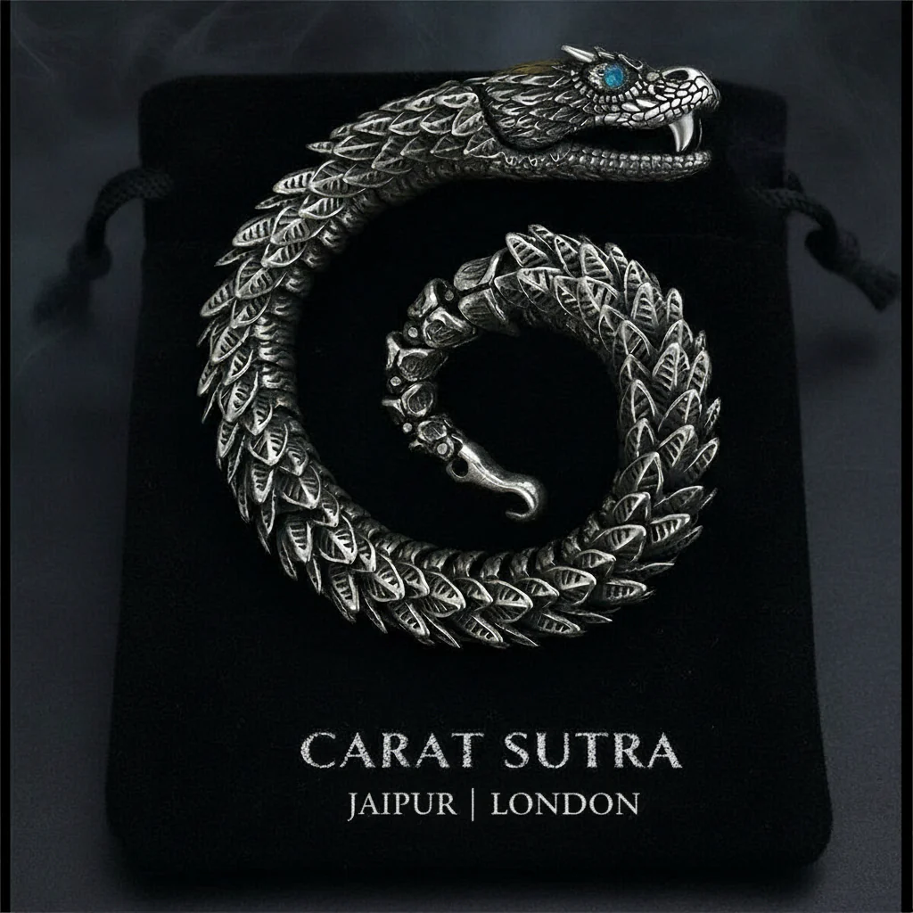 Unique Golden Head Oxidized Snake Bracelet with Blue Eyes | 925 Sterling Silver Oxidized Bracelet | Unisex Jewelry | With Certificate of Authenticity and 925 Hallmark - Image 3