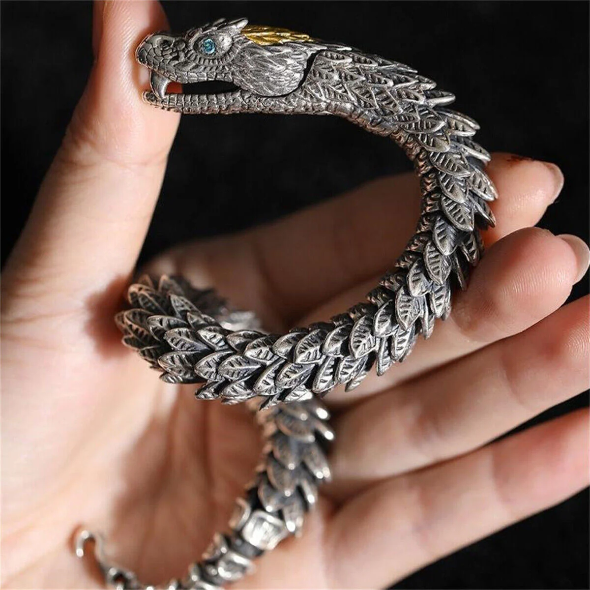 Unique Golden Head Oxidized Snake Bracelet with Blue Eyes | 925 Sterling Silver Oxidized Bracelet | Unisex Jewelry | With Certificate of Authenticity and 925 Hallmark - Image 4