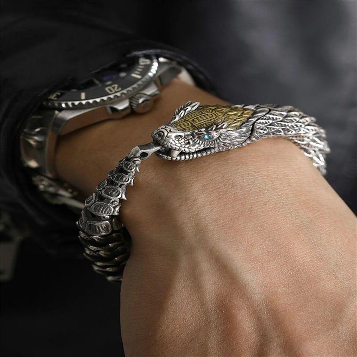 Unique Golden Head Oxidized Snake Bracelet with Blue Eyes | 925 Sterling Silver Oxidized Bracelet | Unisex Jewelry | With Certificate of Authenticity and 925 Hallmark - Image 5