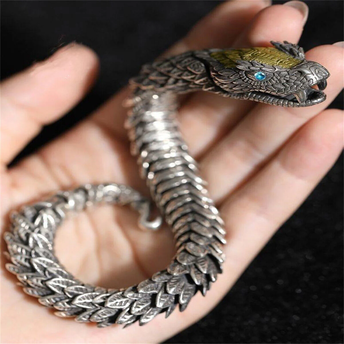 Unique Golden Head Oxidized Snake Bracelet with Blue Eyes | 925 Sterling Silver Oxidized Bracelet | Unisex Jewelry | With Certificate of Authenticity and 925 Hallmark - Image 6