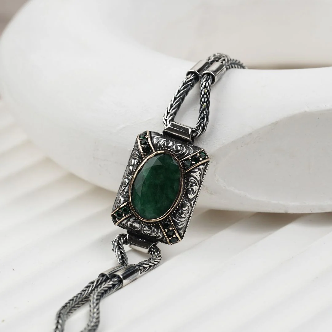 RARE PRINCE by CARAT SUTRA | Unique Green Emerald hand beaded Bracelet for Men | Oxidized 925 Silver Bracelet | Men's Jewelry | With Certificate of Authenticity and 925 Hallmark