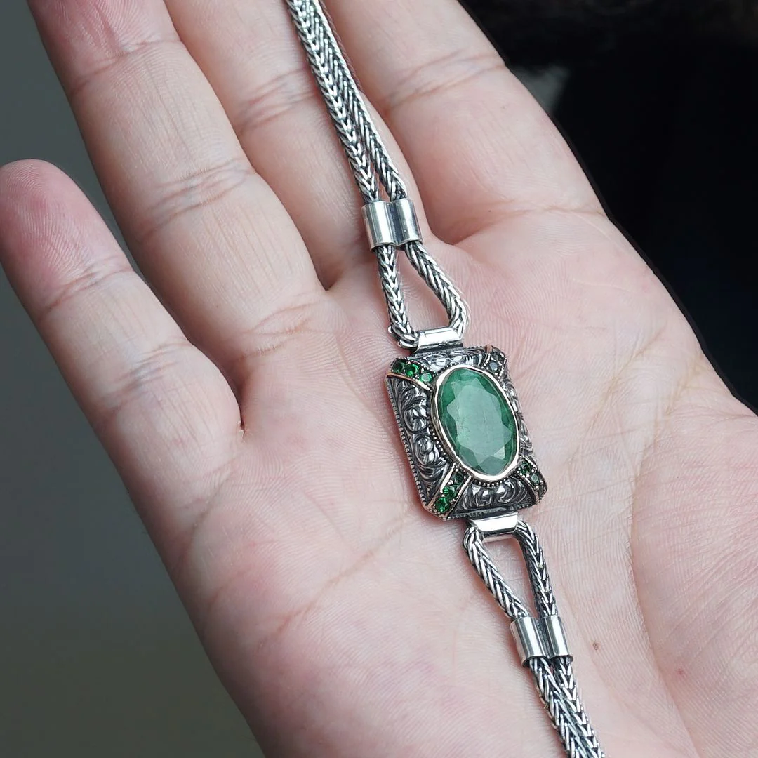 RARE PRINCE by CARAT SUTRA | Unique Green Emerald hand beaded Bracelet for Men | Oxidized 925 Silver Bracelet | Men's Jewelry | With Certificate of Authenticity and 925 Hallmark - Image 3