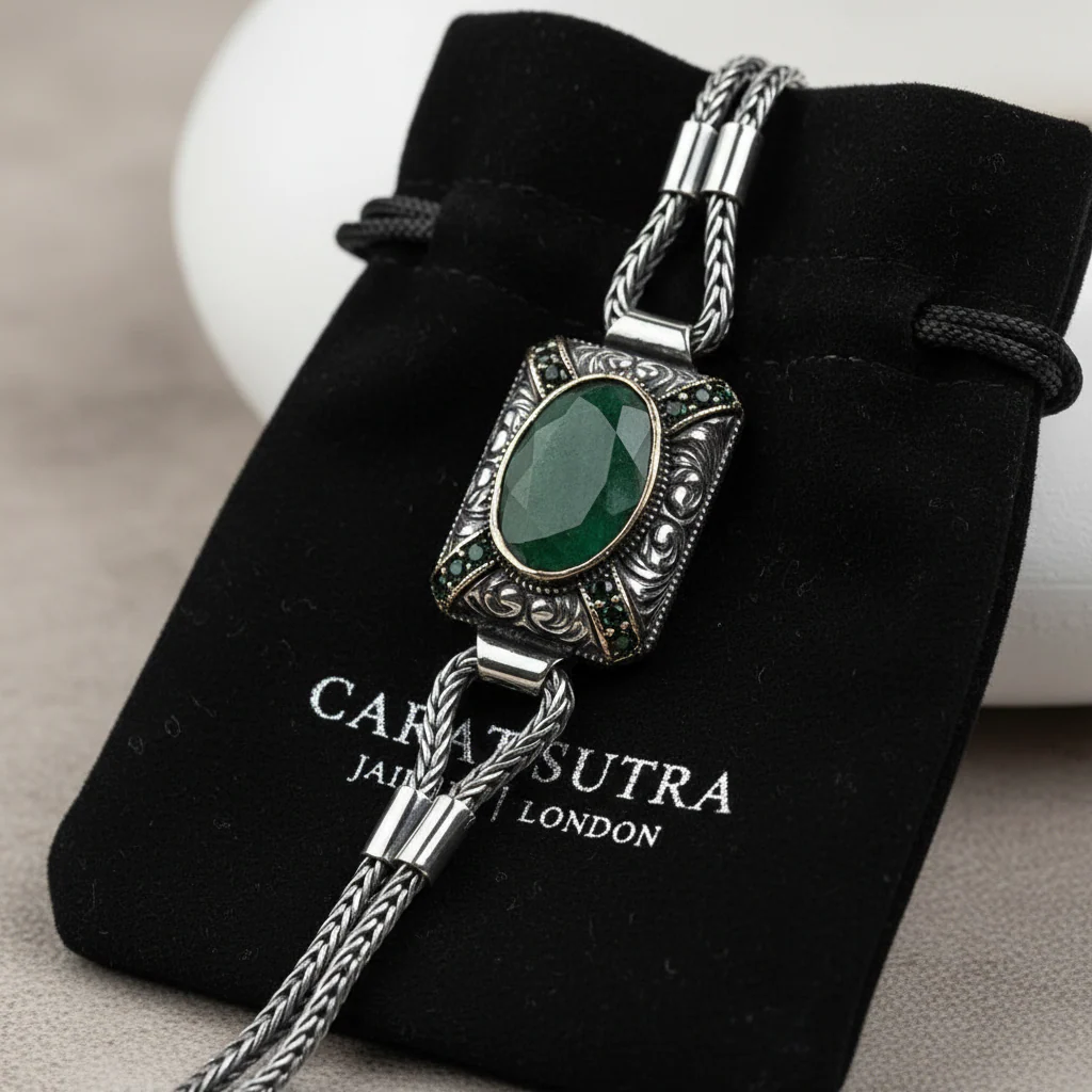 RARE PRINCE by CARAT SUTRA | Unique Green Emerald hand beaded Bracelet for Men | Oxidized 925 Silver Bracelet | Men's Jewelry | With Certificate of Authenticity and 925 Hallmark - Image 4