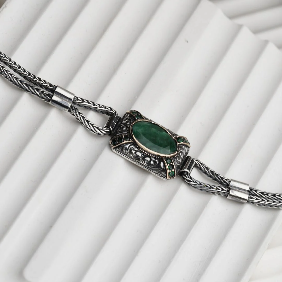 RARE PRINCE by CARAT SUTRA | Unique Green Emerald hand beaded Bracelet for Men | Oxidized 925 Silver Bracelet | Men's Jewelry | With Certificate of Authenticity and 925 Hallmark - Image 6