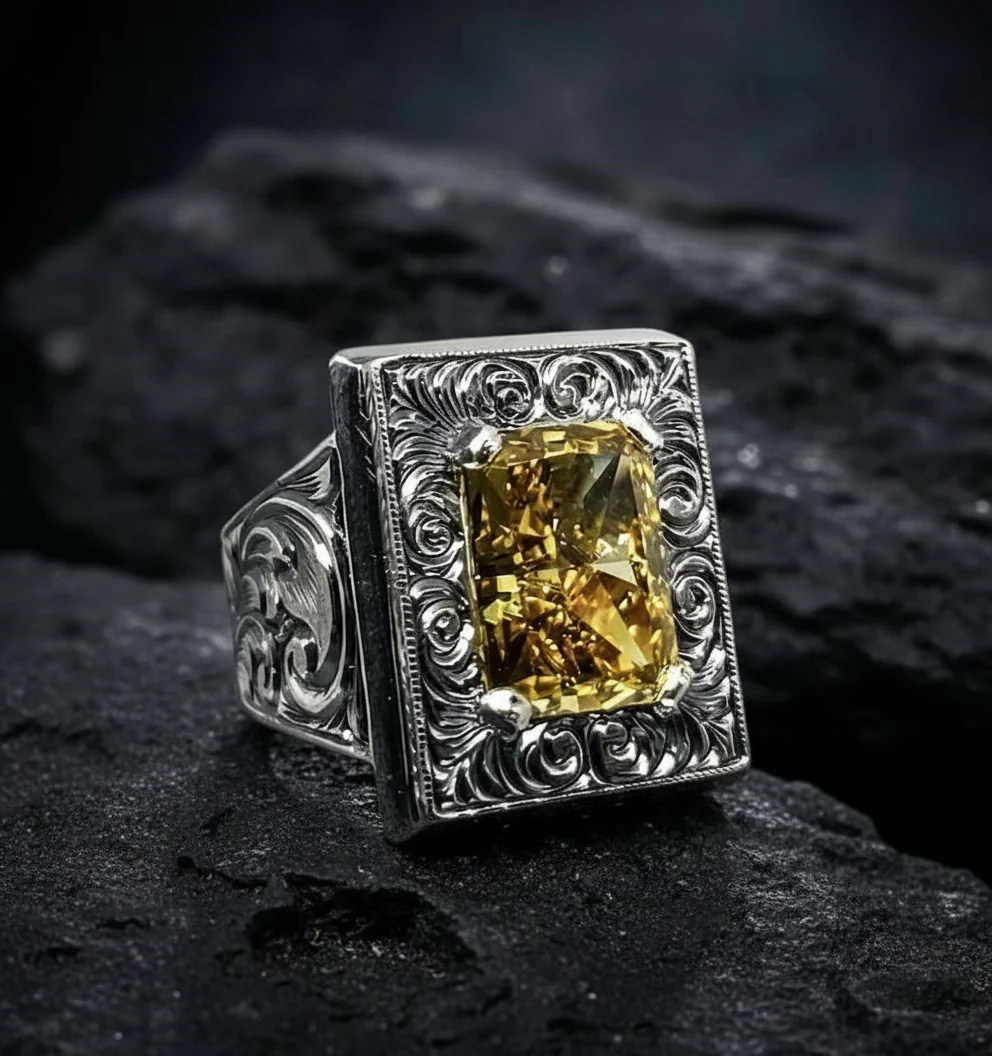 RARE PRINCE by CARAT SUTRA | Unique Hand-Engraved Turkish Style Ring with AAA+ Natural Yellow Citrine, 925 Sterling Silver Oxidized Ring | Men's Jewelry | With Certificate of Authenticity and 925 Hallmark