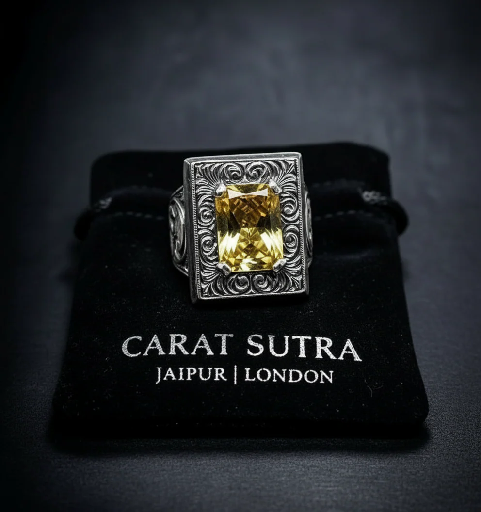 RARE PRINCE by CARAT SUTRA | Unique Hand-Engraved Turkish Style Ring with AAA+ Natural Yellow Citrine, 925 Sterling Silver Oxidized Ring | Men's Jewelry | With Certificate of Authenticity and 925 Hallmark - Image 2
