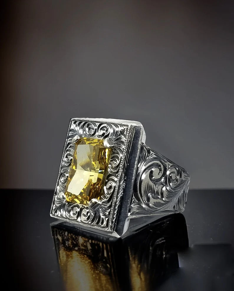 RARE PRINCE by CARAT SUTRA | Unique Hand-Engraved Turkish Style Ring with AAA+ Natural Yellow Citrine, 925 Sterling Silver Oxidized Ring | Men's Jewelry | With Certificate of Authenticity and 925 Hallmark - Image 3
