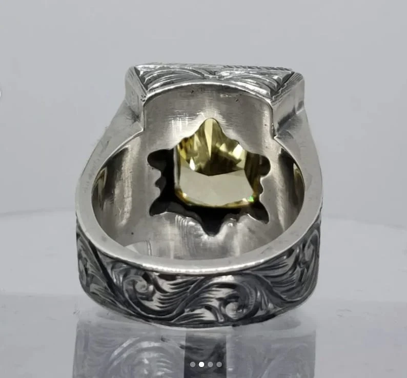 RARE PRINCE by CARAT SUTRA | Unique Hand-Engraved Turkish Style Ring with AAA+ Natural Yellow Citrine, 925 Sterling Silver Oxidized Ring | Men's Jewelry | With Certificate of Authenticity and 925 Hallmark - Image 4