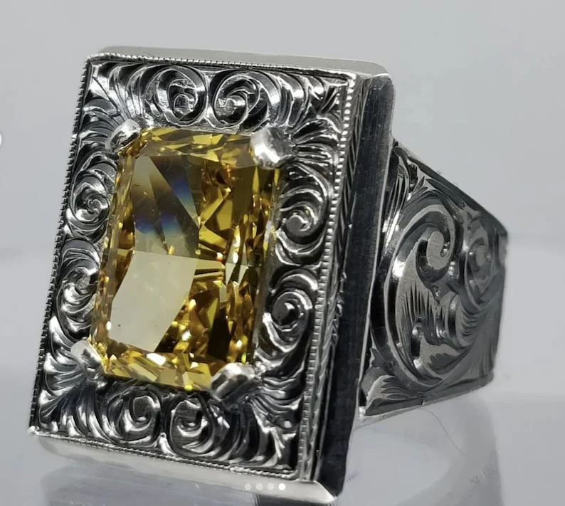 RARE PRINCE by CARAT SUTRA | Unique Hand-Engraved Turkish Style Ring with AAA+ Natural Yellow Citrine, 925 Sterling Silver Oxidized Ring | Men's Jewelry | With Certificate of Authenticity and 925 Hallmark - Image 5