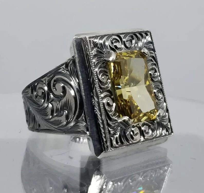 RARE PRINCE by CARAT SUTRA | Unique Hand-Engraved Turkish Style Ring with AAA+ Natural Yellow Citrine, 925 Sterling Silver Oxidized Ring | Men's Jewelry | With Certificate of Authenticity and 925 Hallmark - Image 6