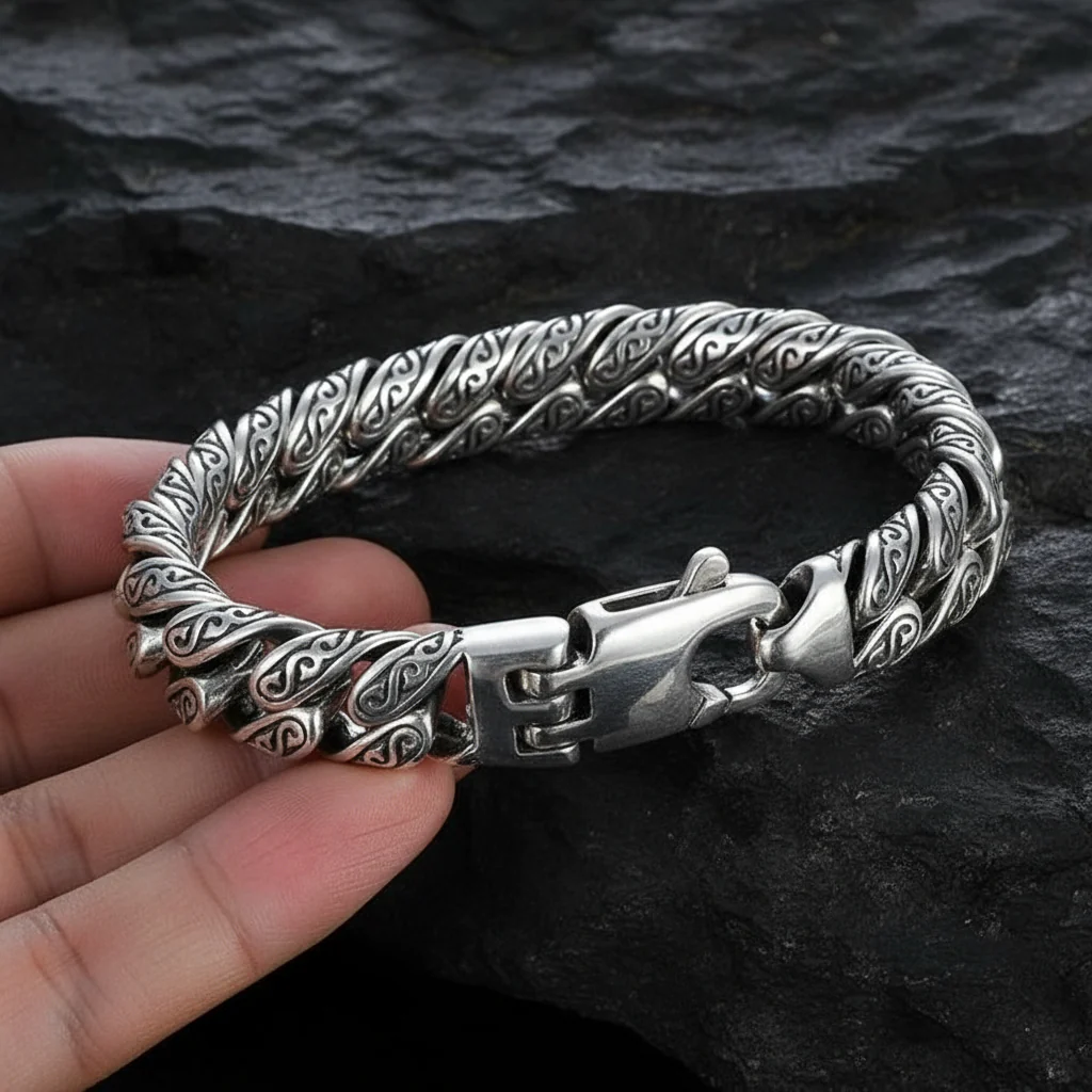 Unique 14mm wide Retro Silver Oxidized Bracelet for Men | 925 Sterling Silver Bracelet | Men's Jewelry | With Certificate of Authenticity and 925 Hallmark - Image 4
