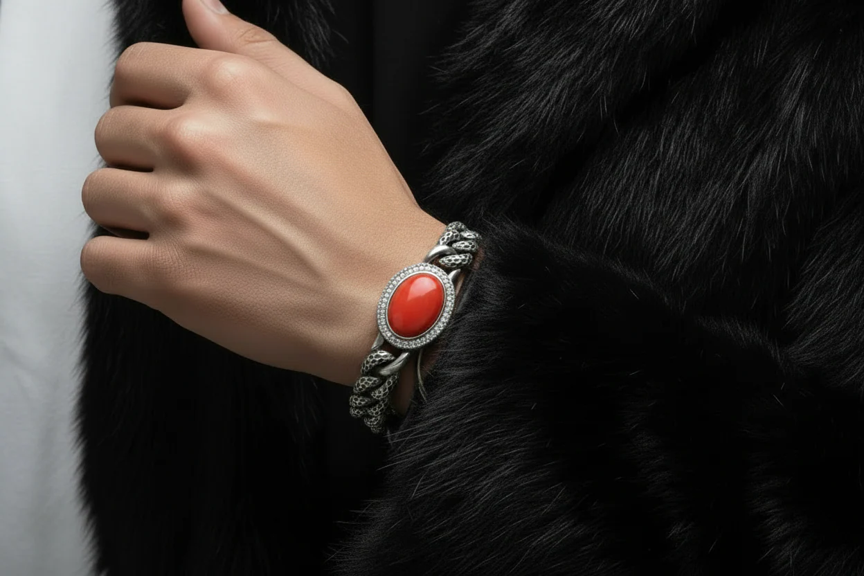 RARE PRINCE by CARAT SUTRA | Unique Style Natural Red Coral Bracelet | 925 Sterling Silver Oxidized Bracelet | With Certificate of Authenticity and 925 Hallmark - Image 2