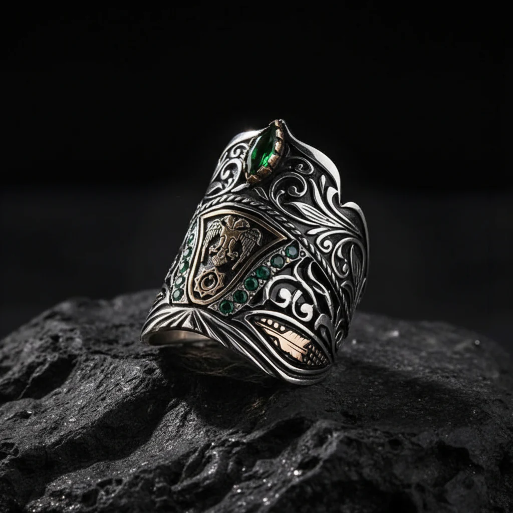 RARE PRINCE by CARAT SUTRA | Unique Turkish Emperor's Style Signet Thumb Ring studded with Emeralds | 925 Sterling Silver Oxidized Ring | Men's Jewelry | With Certificate of Authenticity and 925 Hallmark