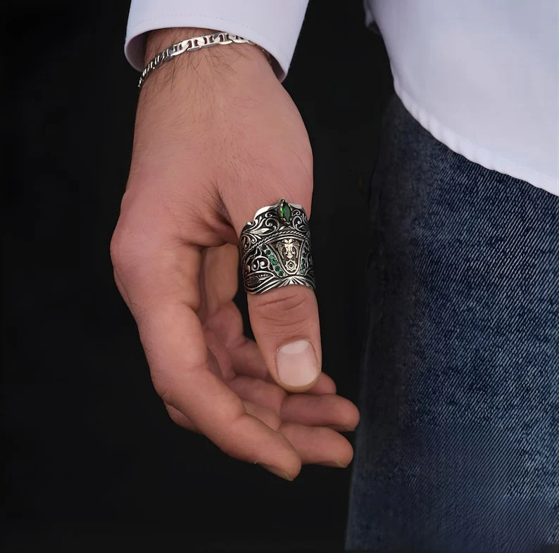 RARE PRINCE by CARAT SUTRA | Unique Turkish Emperor's Style Signet Thumb Ring studded with Emeralds | 925 Sterling Silver Oxidized Ring | Men's Jewelry | With Certificate of Authenticity and 925 Hallmark - Image 2
