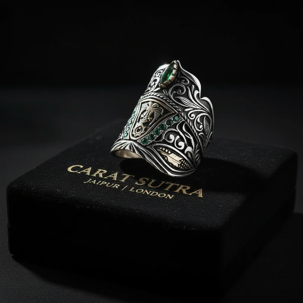 RARE PRINCE by CARAT SUTRA | Unique Turkish Emperor's Style Signet Thumb Ring studded with Emeralds | 925 Sterling Silver Oxidized Ring | Men's Jewelry | With Certificate of Authenticity and 925 Hallmark - Image 3