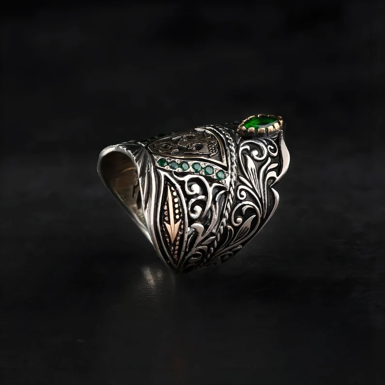 RARE PRINCE by CARAT SUTRA | Unique Turkish Emperor's Style Signet Thumb Ring studded with Emeralds | 925 Sterling Silver Oxidized Ring | Men's Jewelry | With Certificate of Authenticity and 925 Hallmark - Image 4
