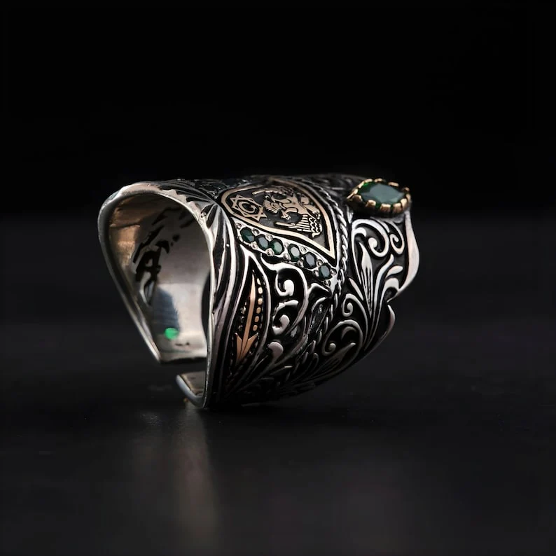RARE PRINCE by CARAT SUTRA | Unique Turkish Emperor's Style Signet Thumb Ring studded with Emeralds | 925 Sterling Silver Oxidized Ring | Men's Jewelry | With Certificate of Authenticity and 925 Hallmark - Image 5