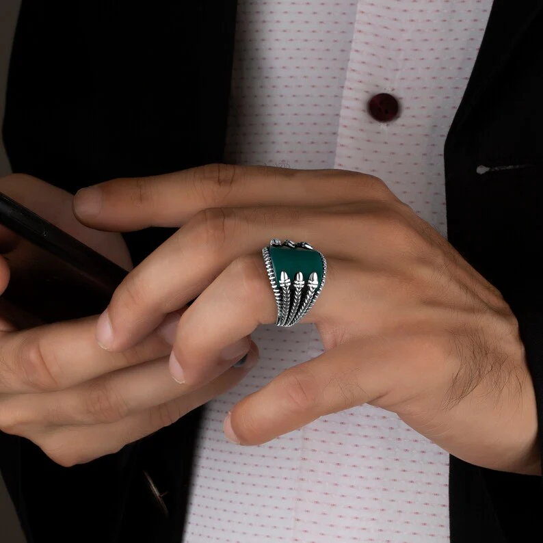 RARE PRINCE by CARAT SUTRA | Unique Turkish Style Curved Ring with Green Onyx | 925 Sterling Silver Oxidized Ring | Men's Jewelry | With Certificate of Authenticity and 925 Hallmark - Image 2