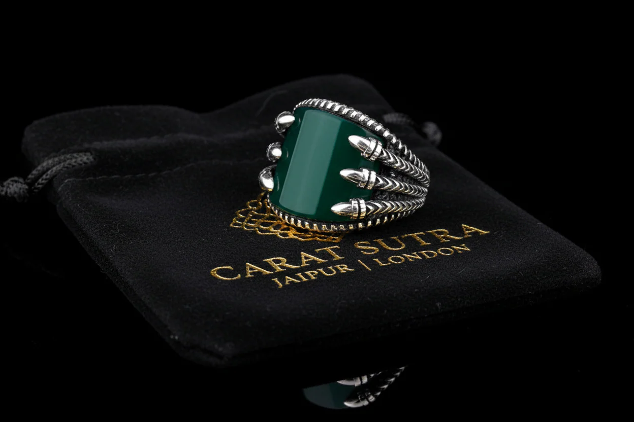 RARE PRINCE by CARAT SUTRA | Unique Turkish Style Curved Ring with Green Onyx | 925 Sterling Silver Oxidized Ring | Men's Jewelry | With Certificate of Authenticity and 925 Hallmark - Image 3