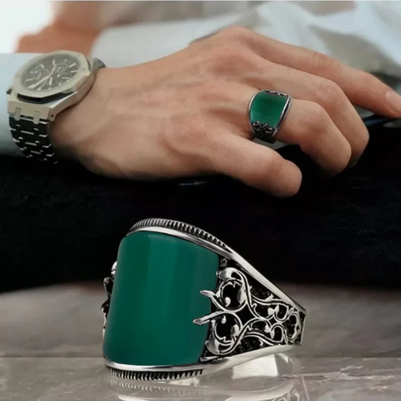 RARE PRINCE by CARAT SUTRA | Unique Turkish Style Curved Ring with Green Onyx | 925 Sterling Silver Oxidized Ring | Men's Jewelry | With Certificate of Authenticity and 925 Hallmark - Image 2