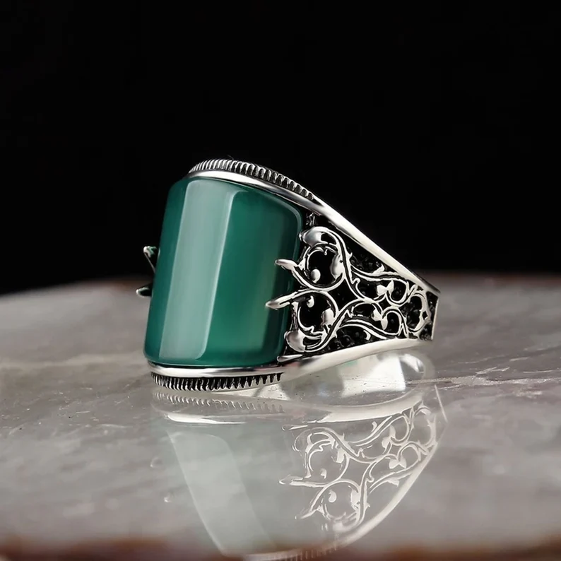 RARE PRINCE by CARAT SUTRA | Unique Turkish Style Curved Ring with Green Onyx | 925 Sterling Silver Oxidized Ring | Men's Jewelry | With Certificate of Authenticity and 925 Hallmark - Image 3