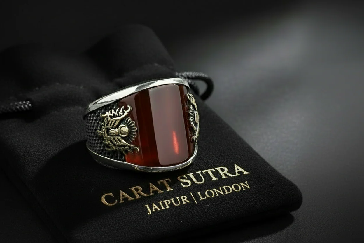 RARE PRINCE by CARAT SUTRA | Unique Turkish Style Curved Ring with Red Agate | 925 Sterling Silver Oxidized Ring | Men's Jewelry | With Certificate of Authenticity and 925 Hallmark - Image 2